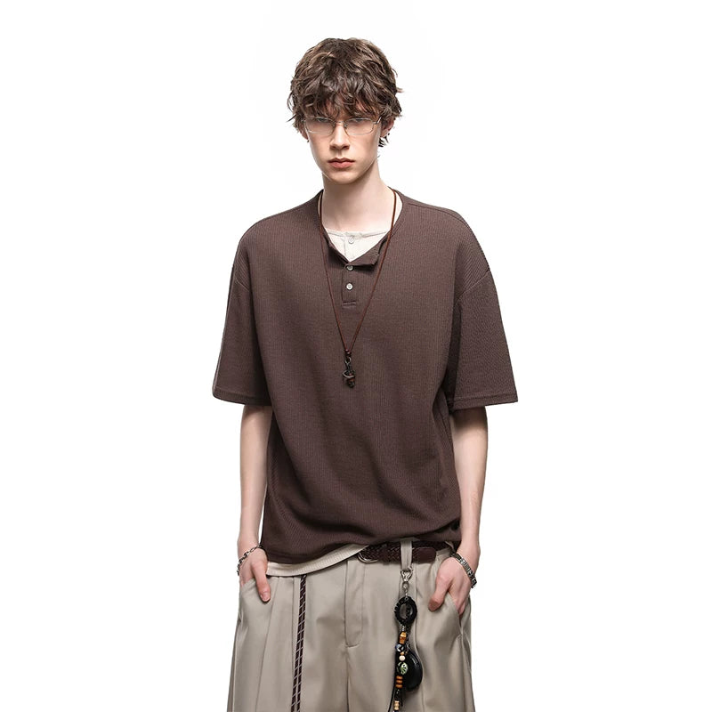 TREND ST Summer Retro Vacation Two Henley Collar Short Sleeve T-shirts for Men and Women Couple American Casual Loose Half Sleeve