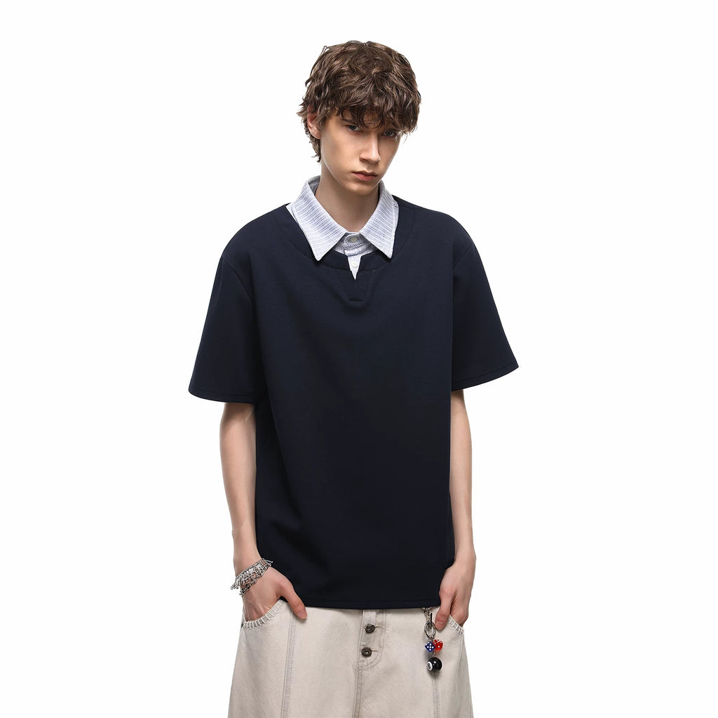 TREND ST American Retro Fake Two piece Polo Shirt Short Sleeve T-shirt Men's Summer Cleanfit Versatile Half Sleeve TEE