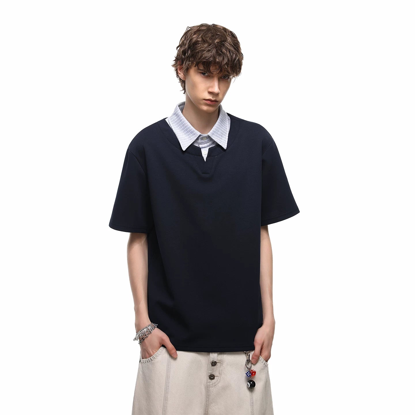 TREND ST American Retro Fake Two piece Polo Shirt Short Sleeve T-shirt Men's Summer Cleanfit Versatile Half Sleeve TEE