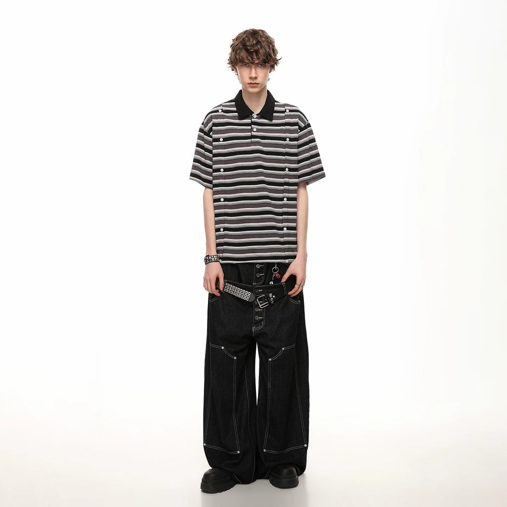 Trendy block clean fit design double row button polo shirt short sleeved men's summer loose casual striped T-shirt