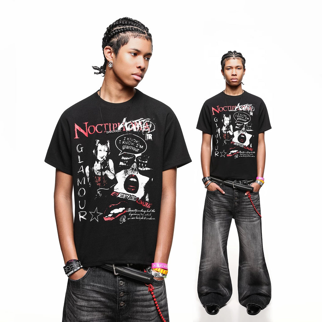 TREND ST American High Street Printed Short sleeved T-shirt for Men's Summer Punk Rock Style Shoulder Boxy Version Half Sleeve