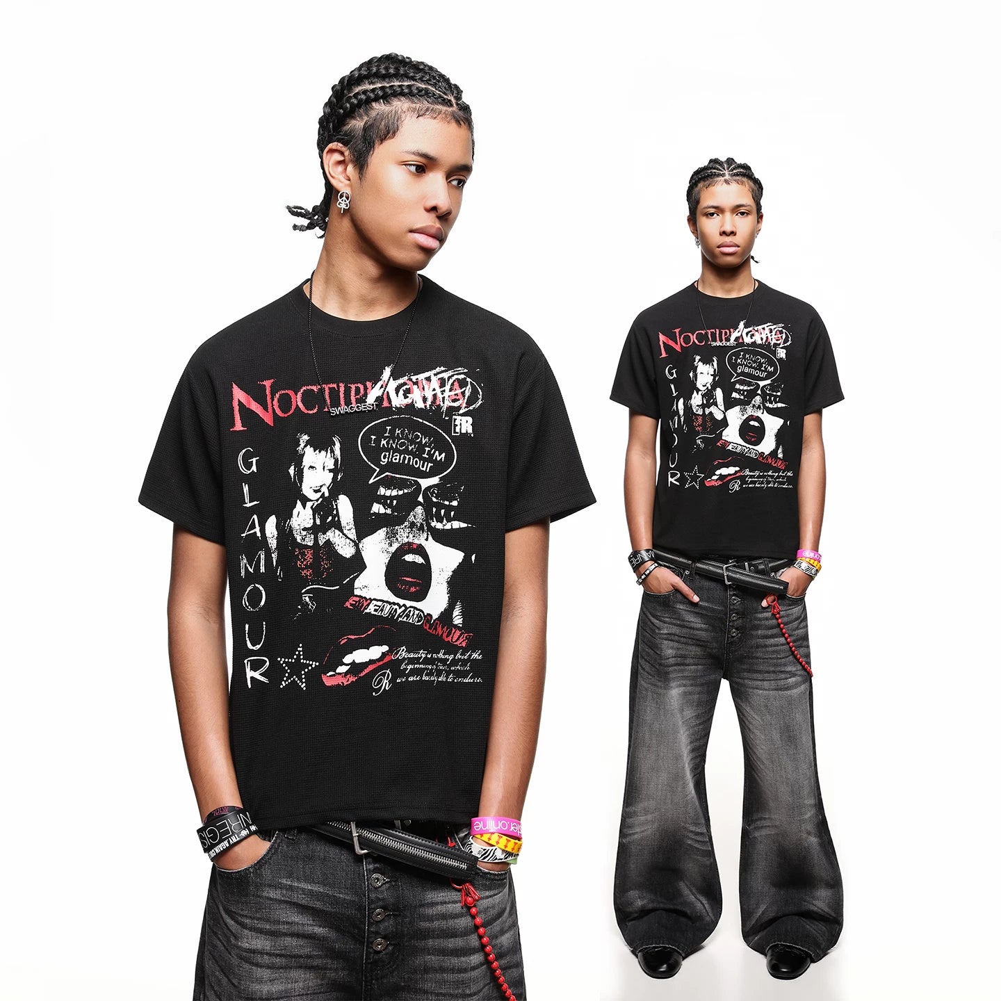 TREND ST American High Street Printed Short sleeved T-shirt for Men's Summer Punk Rock Style Shoulder Boxy Version Half Sleeve