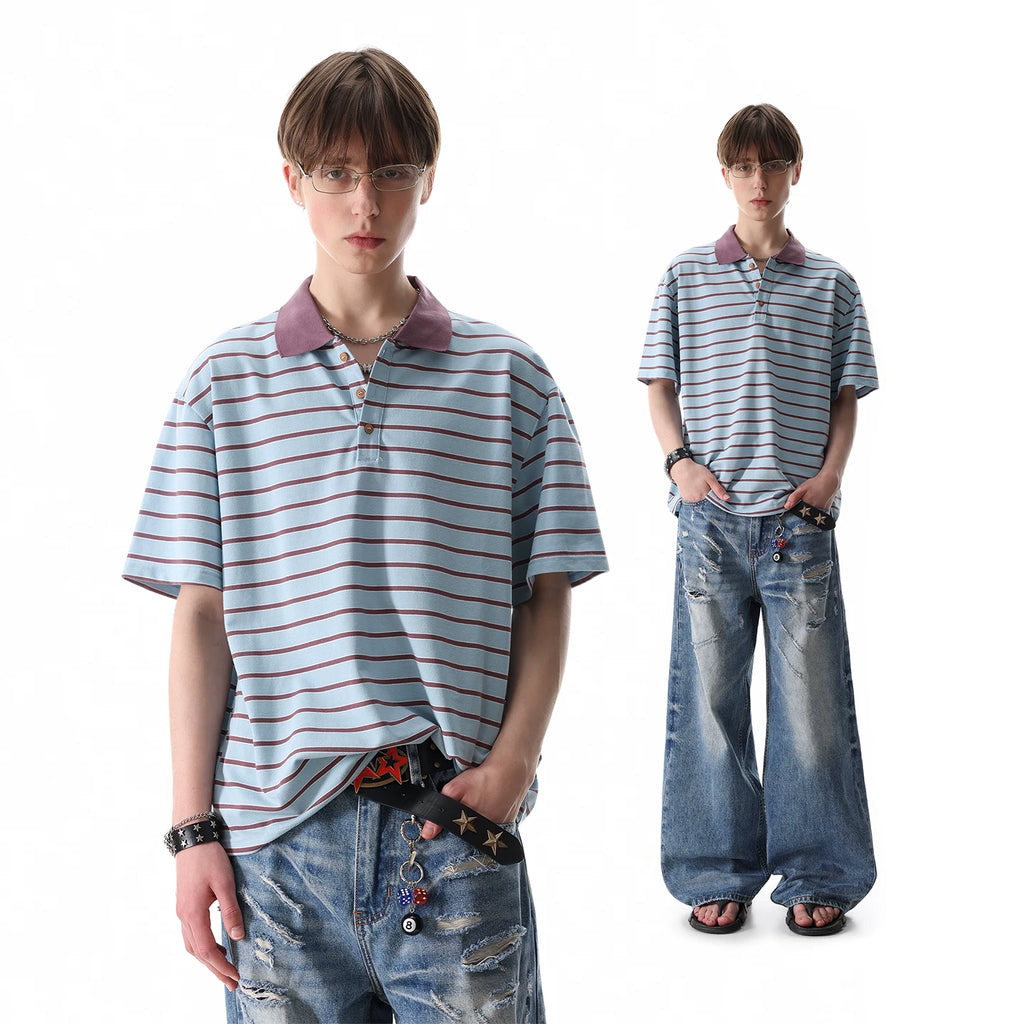 TREND ST retro contrasting striped polo shirt short sleeved men's summer 2026 new loose casual collar T-shirt