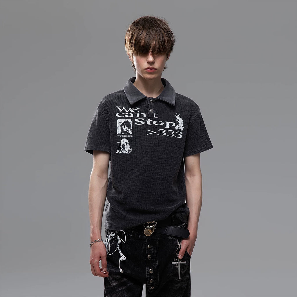Light Asian street punk vintage waffle style shoulder T-shirt short sleeved men's summer boxy version short polo shirt
