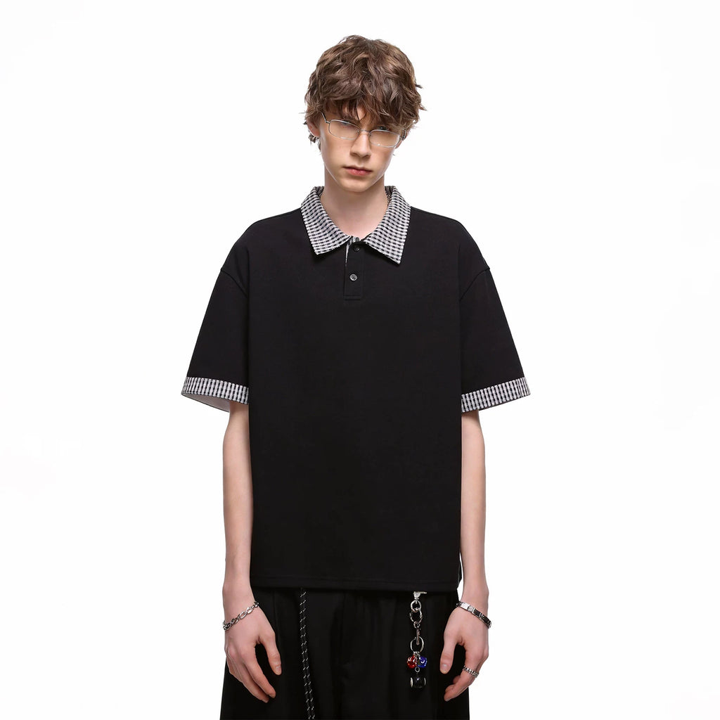 American retro fake two piece polo shirt short sleeved men's summer plaid lapel couple T-shirt cleanfit half sleeve
