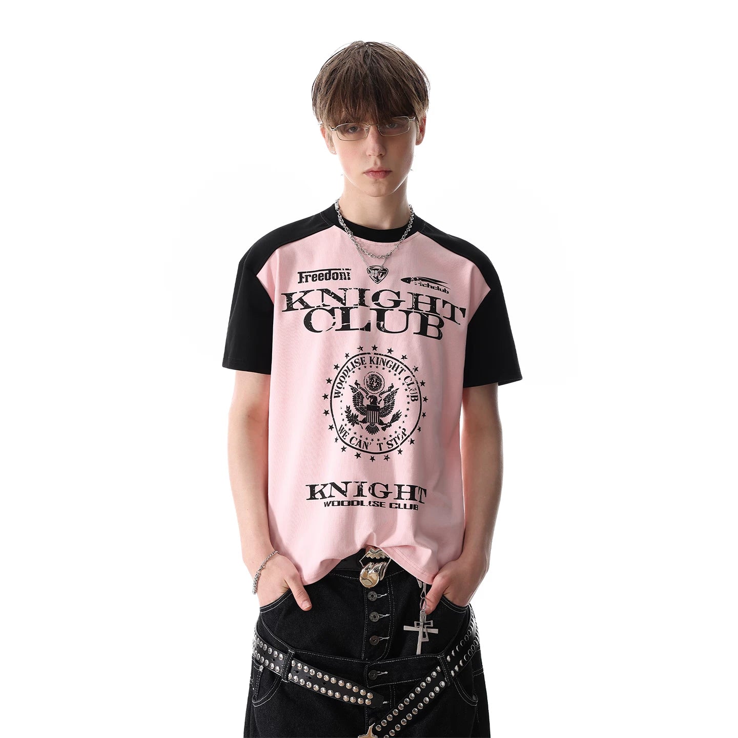 TREND ST subculture visual style contrasting T-shirt with men's and women's letter print shoulder short sleeved boxy cut top