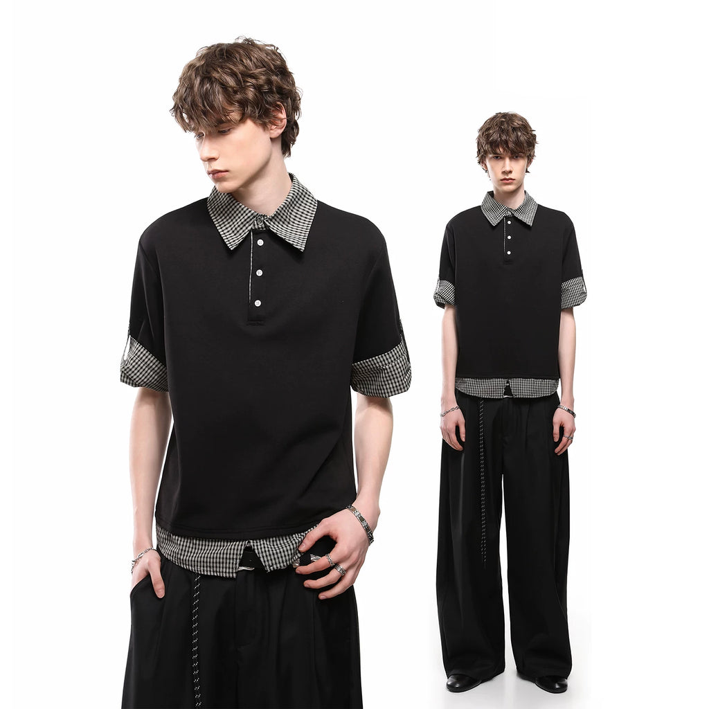 College style vacation two polo shirts short sleeved men's summer contrasting plaid casual T-shirt vintage versatile top