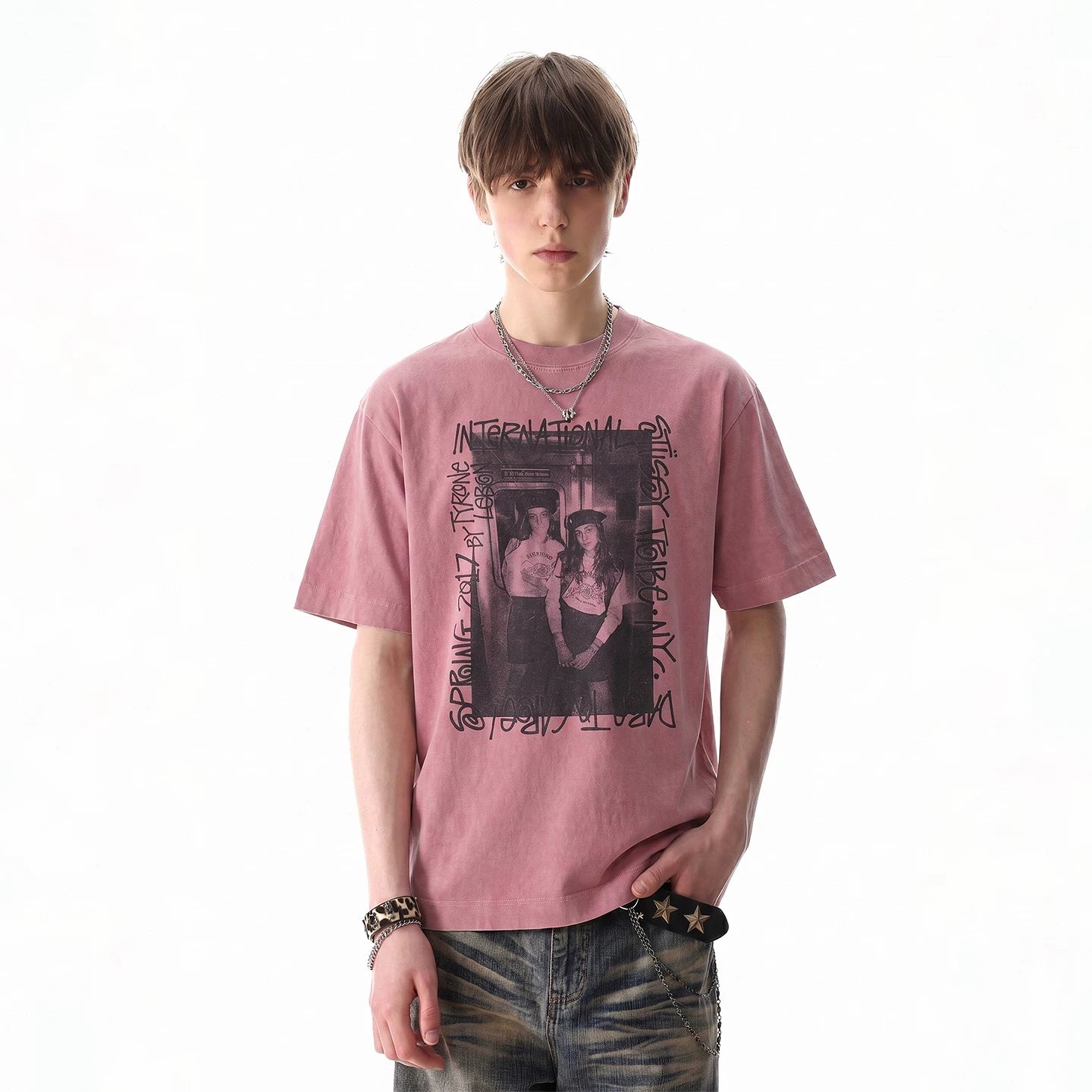 Light Asian Street Punk Vintage Character Printed Short Sleeve T-shirt for Men's Trendy Summer Loose Heavy Cotton Half Sleeve T-shirt