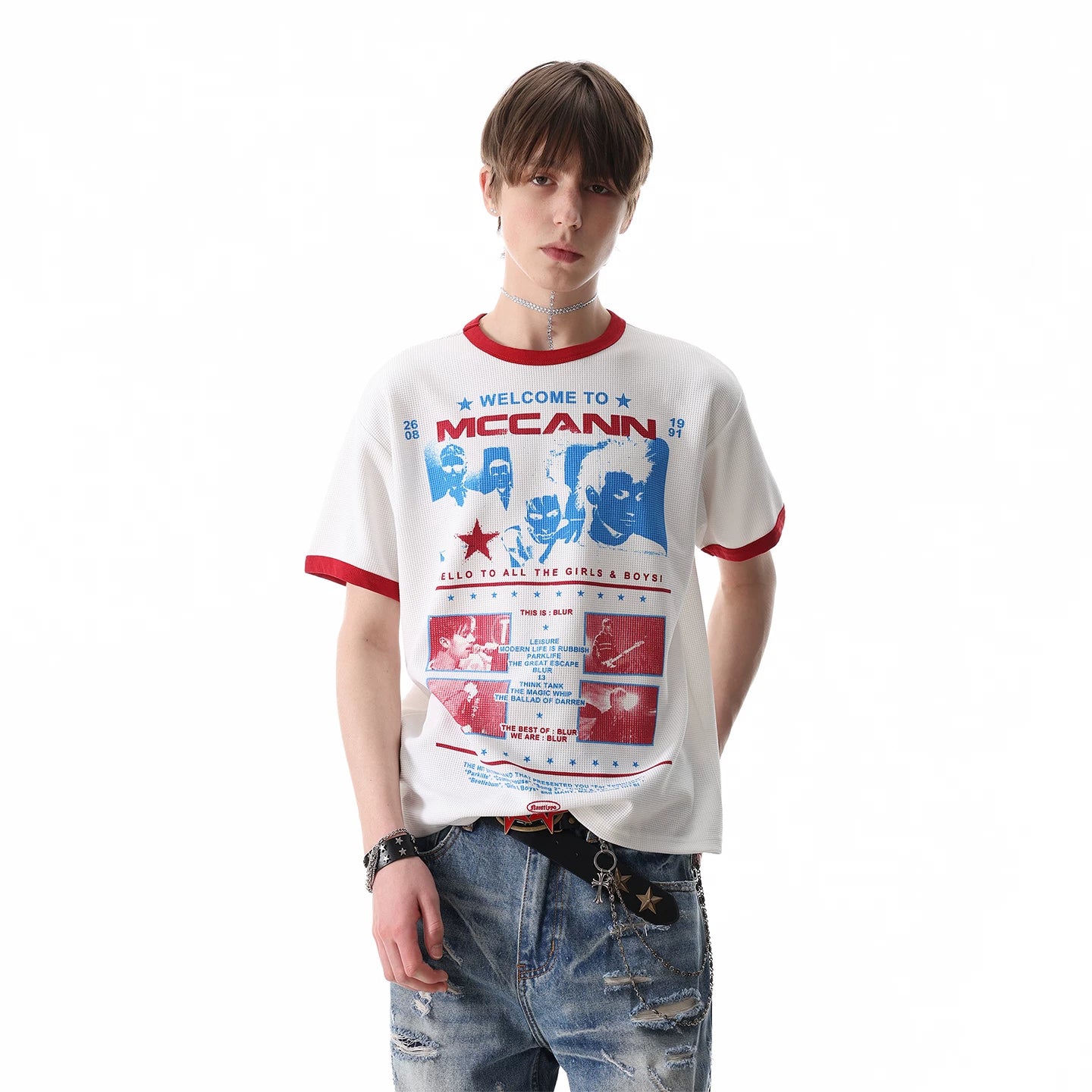 TREND ST Rock Band Character Printed Waffle Short sleeved T-shirt Men's Summer Boxy Version Shoulder Top