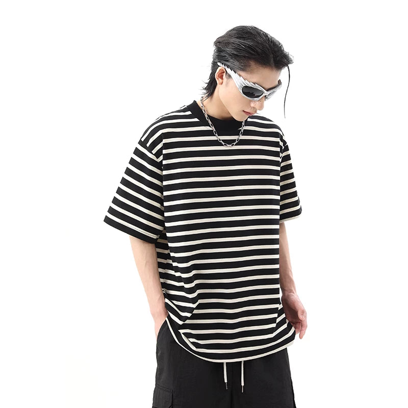 Japanese retro cityboy loose striped short sleeved t-shirt men's summer ins trendy brand small collar couple half sleeved tee