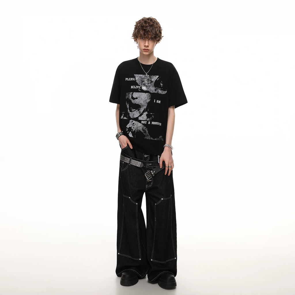 Trendy Street Summer New Product Dark High Street Portrait Printed Short Sleeve T-shirt Men's Trendy Brand Trendy Hip Hop Half Sleeve T-shirt