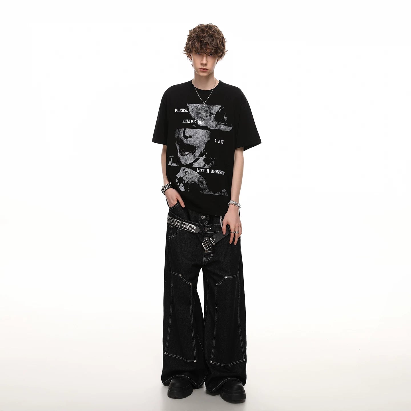 Trendy Street Summer New Product Dark High Street Portrait Printed Short Sleeve T-shirt Men's Trendy Brand Trendy Hip Hop Half Sleeve T-shirt