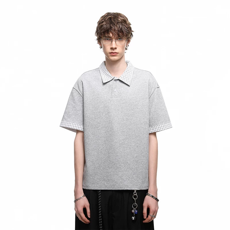 American retro fake two piece polo shirt short sleeved men's summer plaid lapel couple T-shirt cleanfit half sleeve