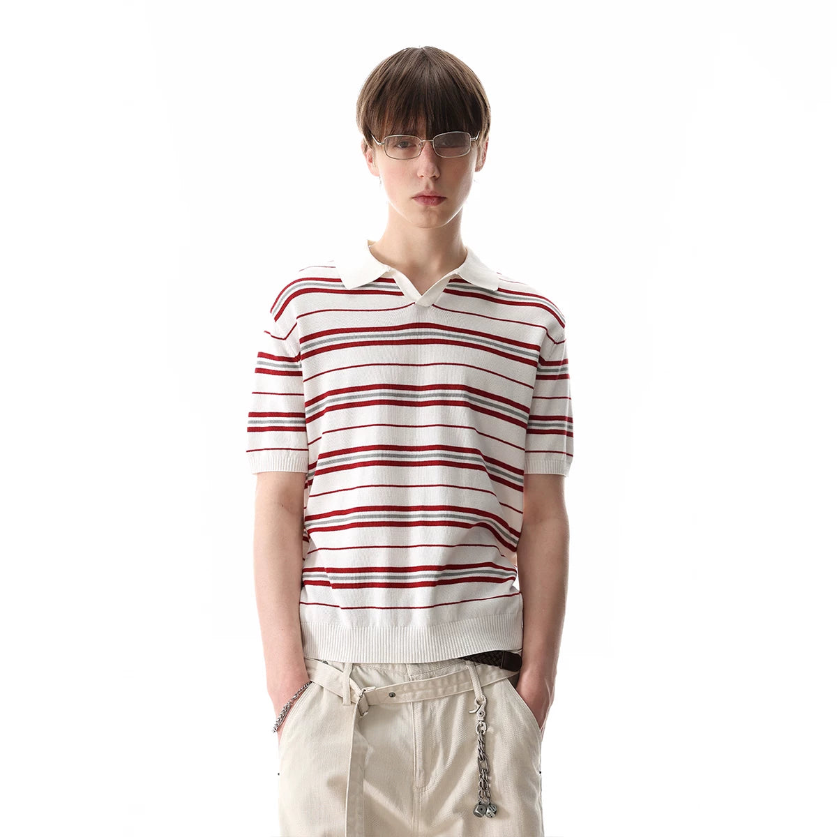 [Old Money Style Knitted] TREND ST Striped Polo Collar Short Sleeve Men's Trendy American Retro Summer Collar Top