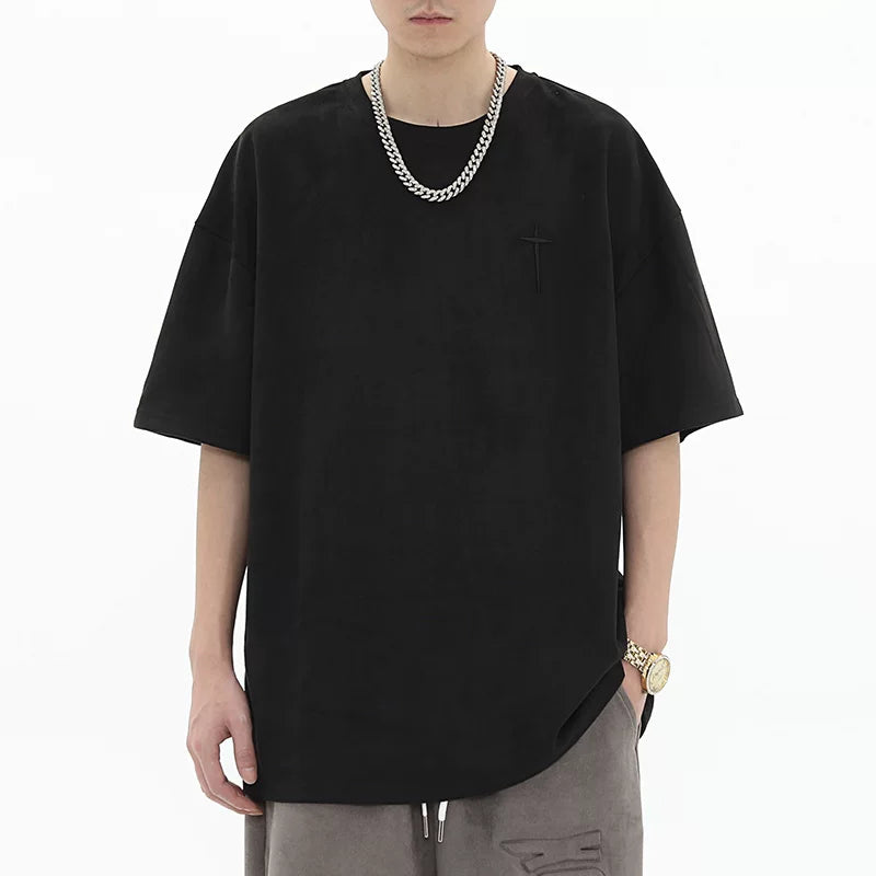 American retro embroidered suede short sleeved T-shirt for men's summer fashion brand hip-hop loose couple casual half sleeved T-shirt