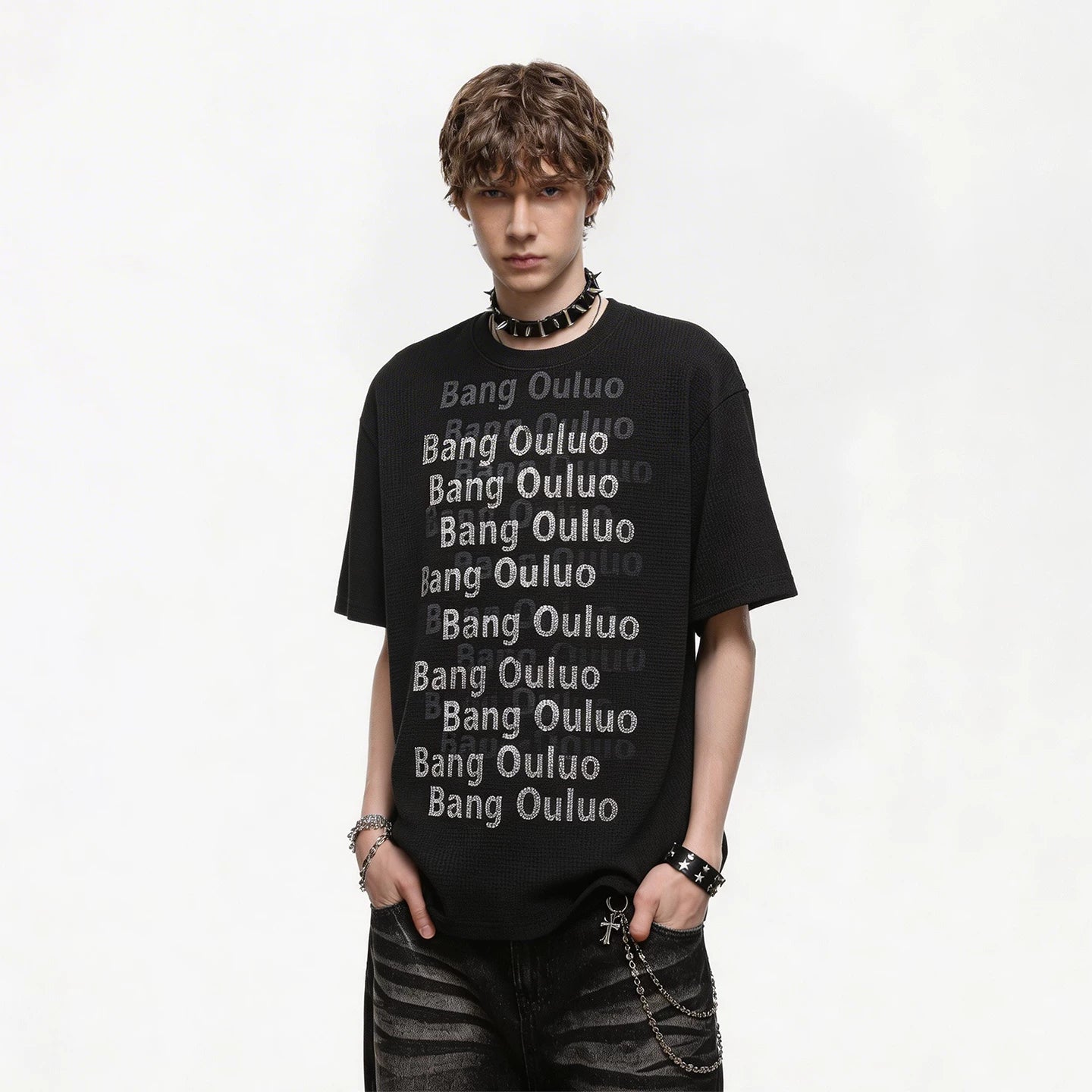 TREND ST American retro washed vintage printed short sleeved T-shirt for men's summer loose heavyweight waffle top