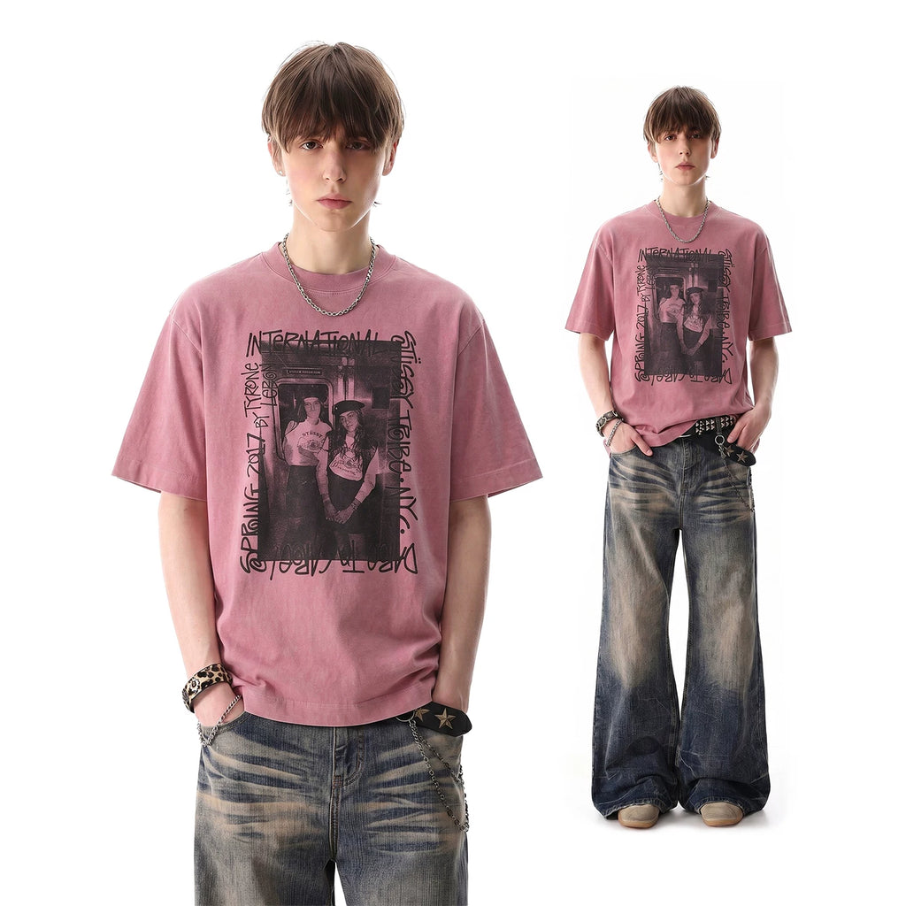 Light Asian Street Punk Vintage Character Printed Short Sleeve T-shirt for Men's Trendy Summer Loose Heavy Cotton Half Sleeve T-shirt