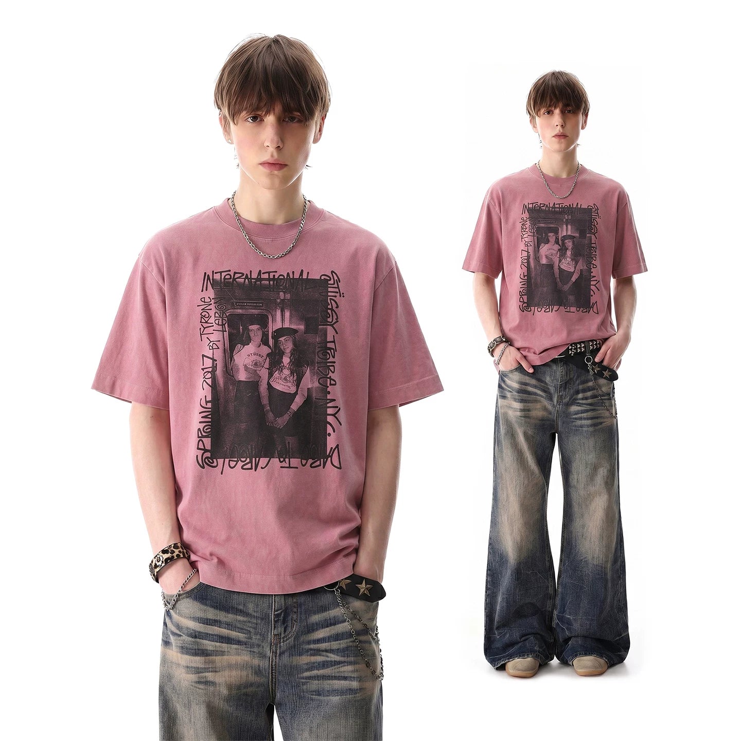 Light Asian Street Punk Vintage Character Printed Short Sleeve T-shirt for Men's Trendy Summer Loose Heavy Cotton Half Sleeve T-shirt