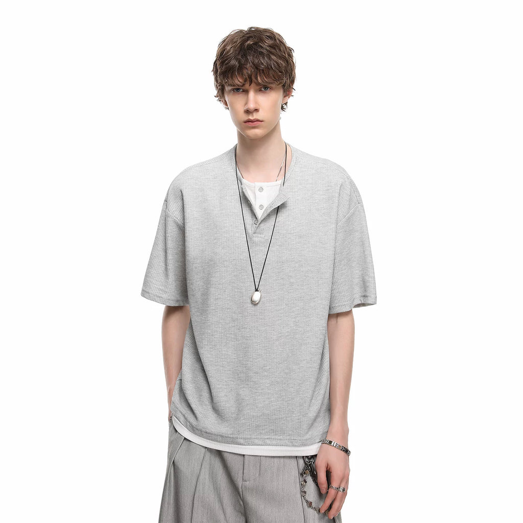 TREND ST American Retro Fake Two Piece Henry Collar Short Sleeve T-shirt for Men and Women Summer Loose Casual Couple T-shirt