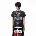 TREND ST Street Light Asia Cross Washed Vintage Printed Short sleeved Men's Summer Boxy Short Shoulder T-shirt