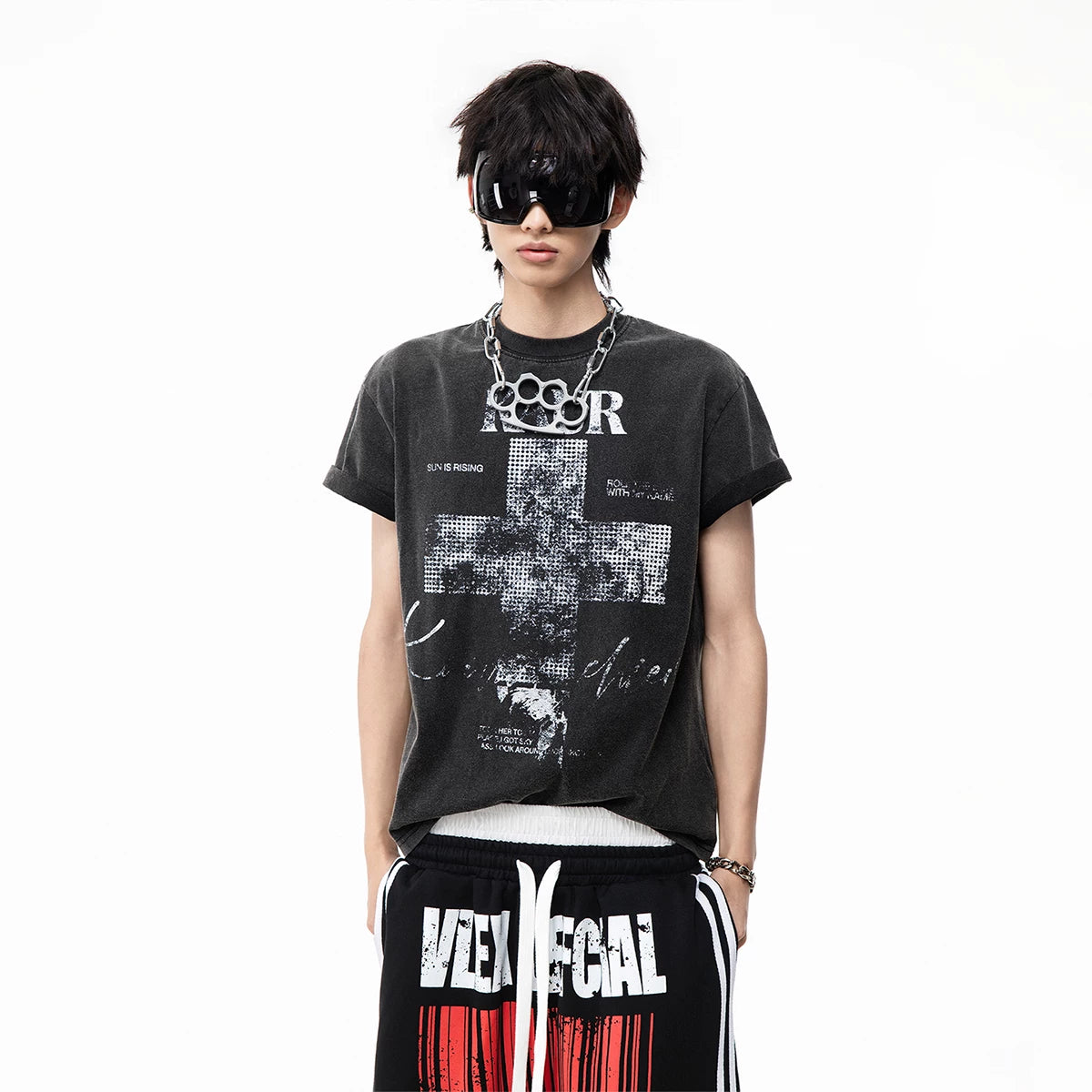TREND ST Street Light Asia Cross Washed Vintage Printed Short sleeved Men's Summer Boxy Short Shoulder T-shirt