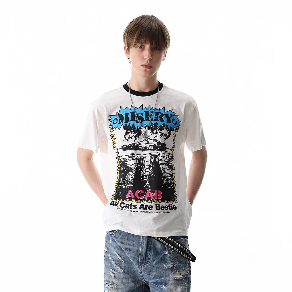 Thin and Cool TREND ST Street Punk Printed Shoulder Short sleeved T-shirt for Men and Women Summer Boxy T-shirt