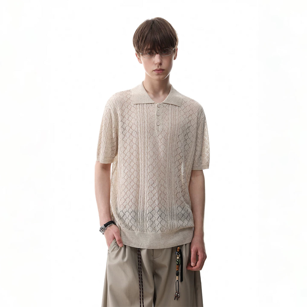 TREND ST Linen Old Money Style Hollow Jacquard Short Sleeve Polo Shirt for Men, Summer Short Width Breathable Knitted T-shirt