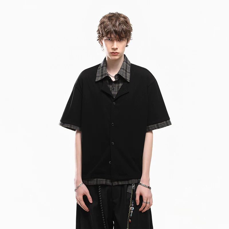 TREND ST Summer Vacation Two piece plaid patchwork vintage style shirt short sleeved men's American casual loose shirt