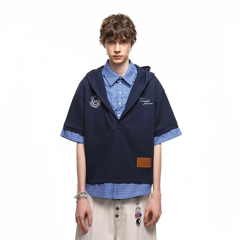 TREND ST American style fake two piece checkered shirt short sleeved summer high-end hooded T-shirt for men and women couple top