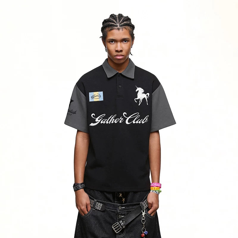 Chaoblock China-Chic American War Horse Letter Embroidery Polo Shirt Short Sleeve Men's Summer College Style Loose Half Sleeve T-shirt