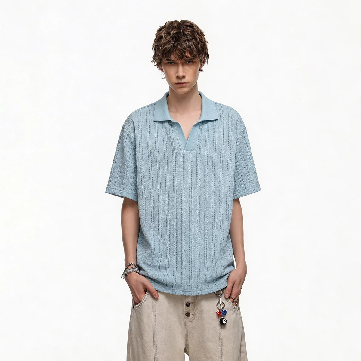 TREND ST Summer Texture Short Sleeve Polo Shirt for Men and Women Retro Loose Couple Casual Collar T-shirt Top