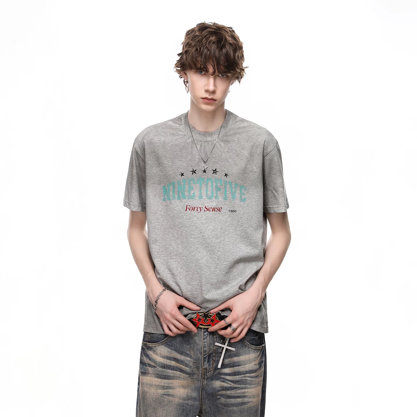 American retro tie dye distressed small collar short sleeved T-shirt for men's summer street ruff handsome print pure cotton half sleeved T-shirt