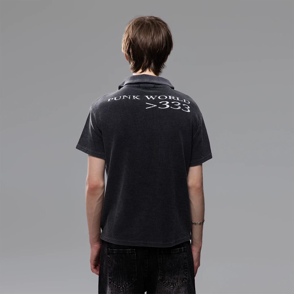 TREND ST Street Punk Retro Washed Vintage Printed Short Sleeve Polo Shirt for Men Summer Boxy Shoulder T-shirt