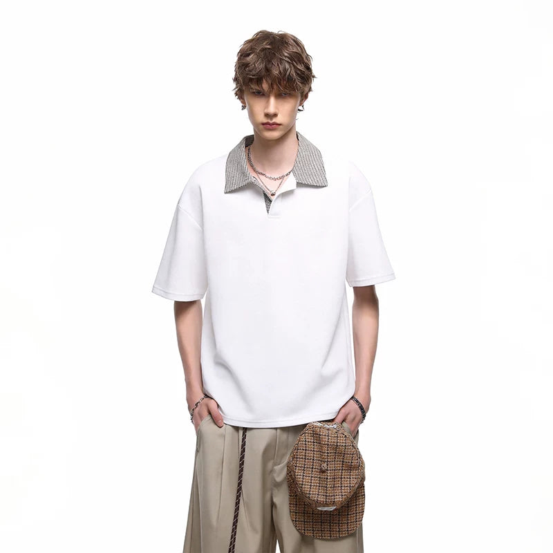 Chao Street Original Genuine Thousand Bird Grid Splicing Polo Collar Super Cool Ice Feeling Loka Air Layer Short Sleeve T-shirt