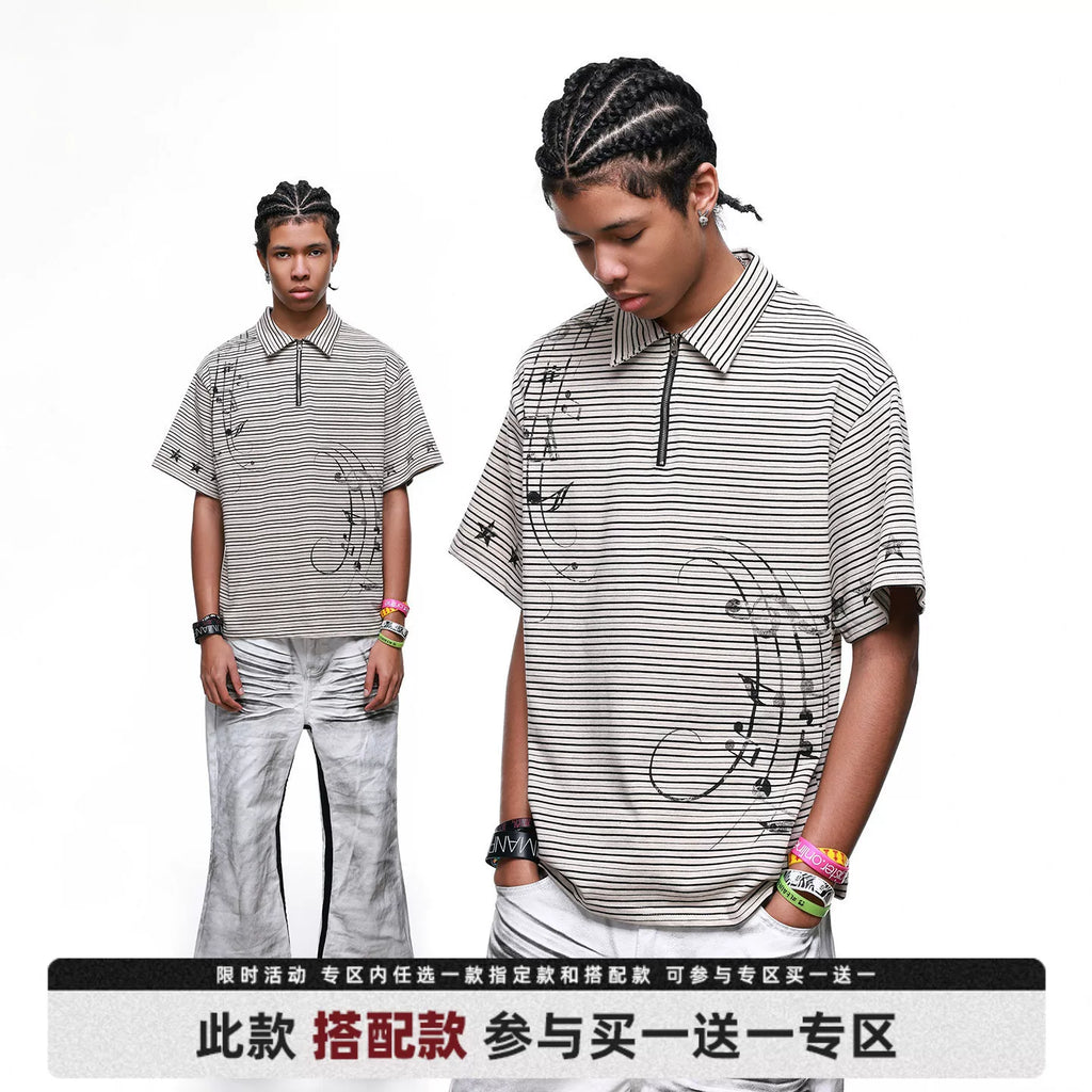 Original Trendy Street Label Music Note Star Printed Polo Shirt Short Sleeve Men's Summer Half Zipper Loose Stripe T-shirt