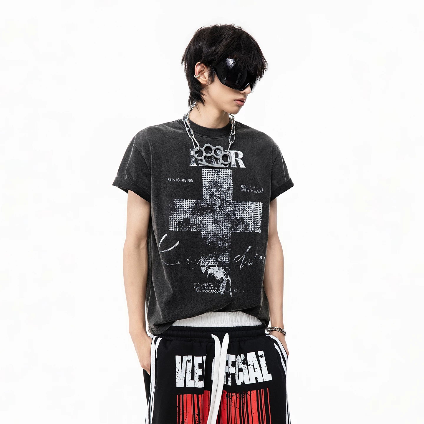TREND ST Street Light Asia Cross Washed Vintage Printed Short sleeved Men's Summer Boxy Short Shoulder T-shirt