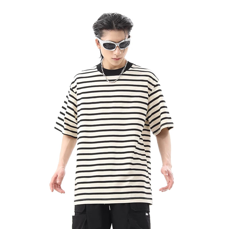 Japanese retro cityboy loose striped short sleeved t-shirt men's summer ins trendy brand small collar couple half sleeved tee