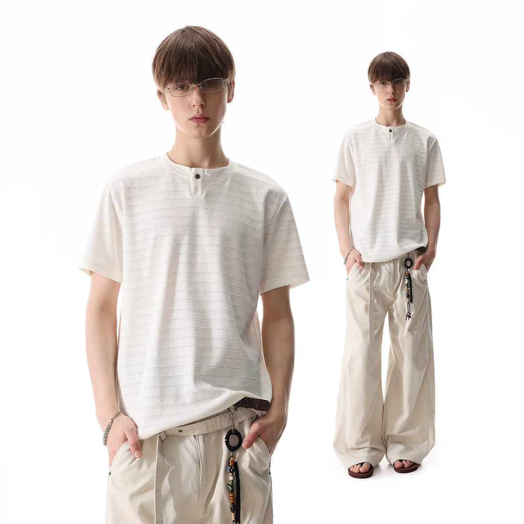 TREND ST cleanfit texture striped short sleeved T-shirt for men's summer light luxury vintage style Henry collar top