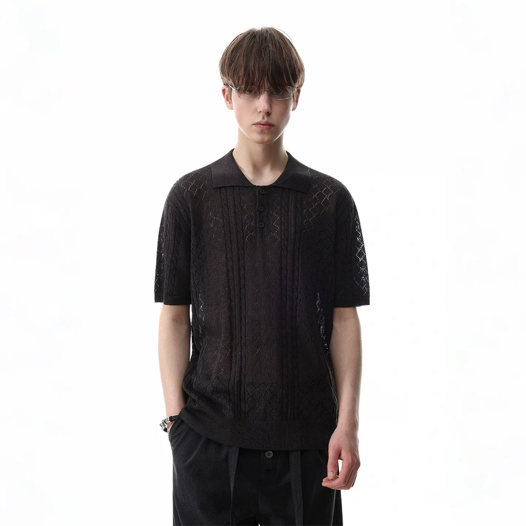 TREND ST Linen Old Money Style Hollow Jacquard Short Sleeve Polo Shirt for Men, Summer Short Width Breathable Knitted T-shirt
