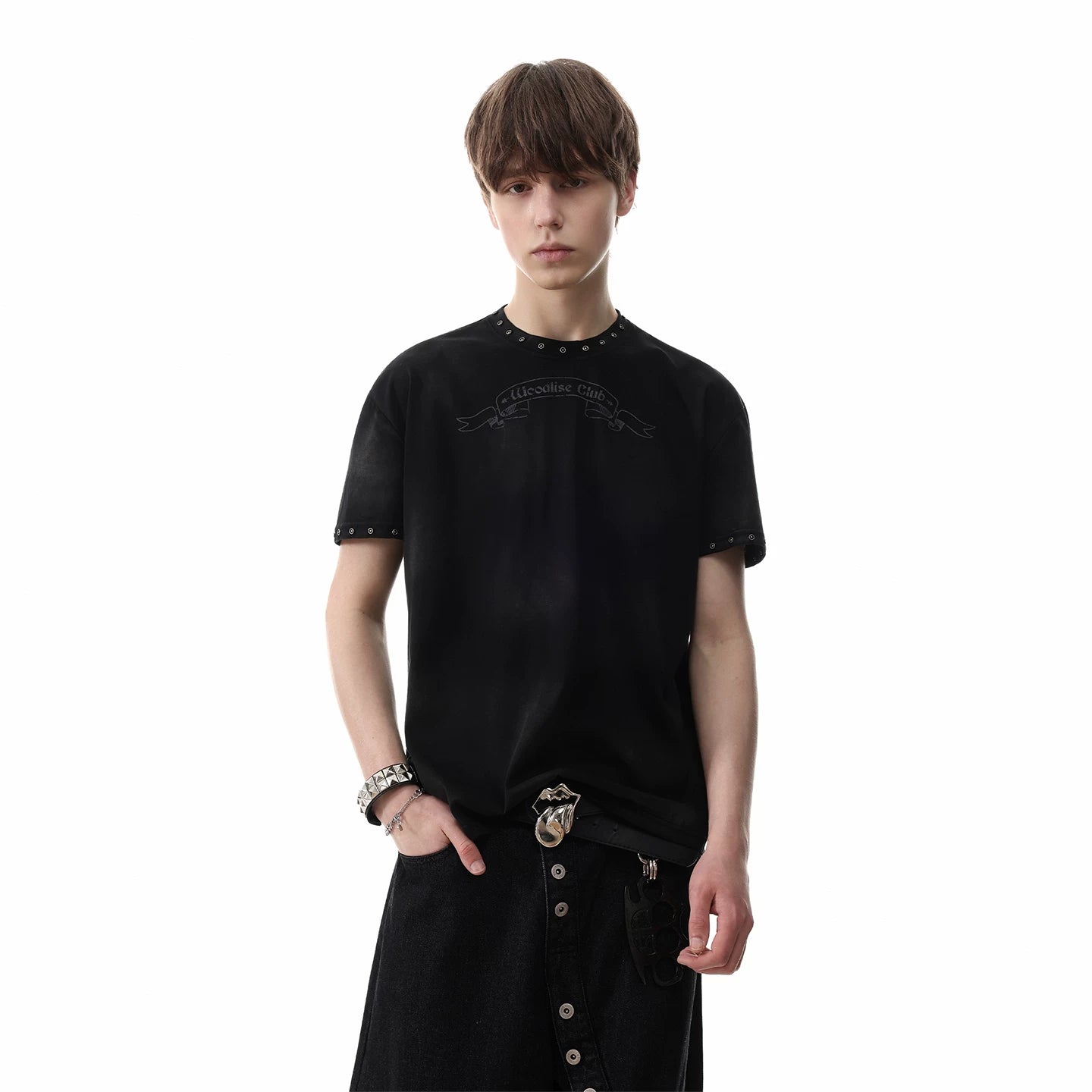 Visual style light Asian style vintage tie dye printed short sleeved men's summer shoulder boxy version rivet punk T-shirt