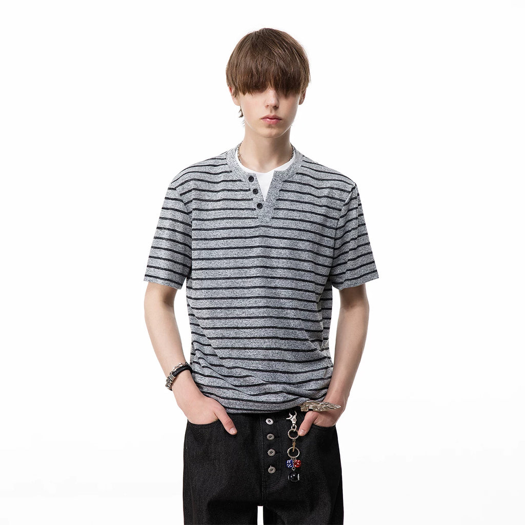 TREND ST Summer Vacation Two Piece Striped Knitted Short Sleeve T-shirt for Men, American Retro Loose Couple Half Sleeve TEE