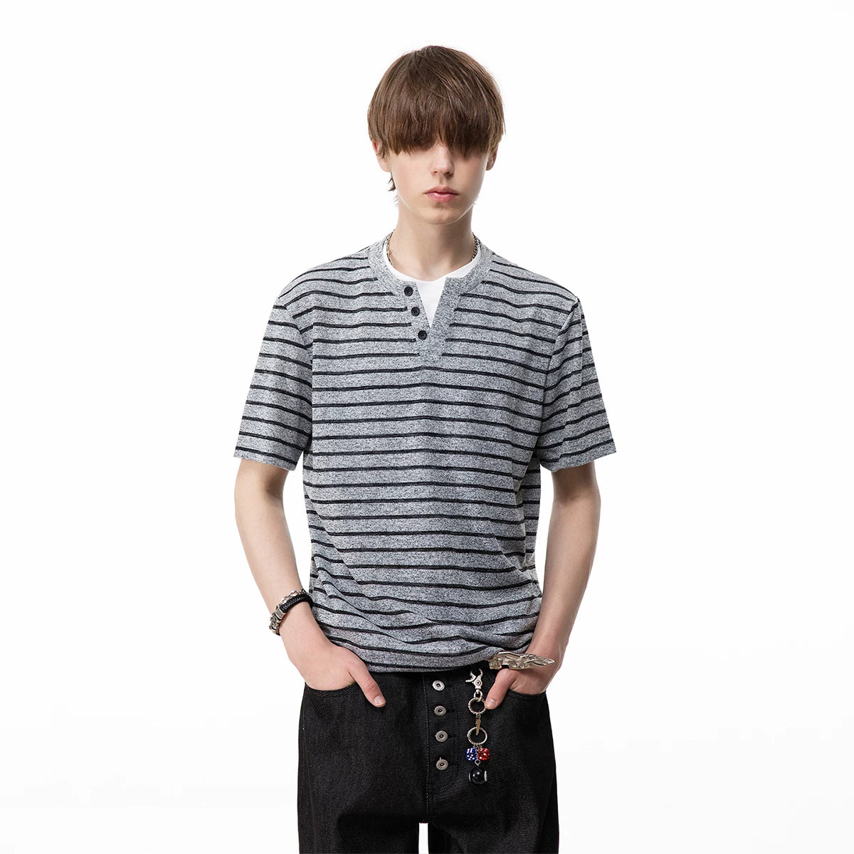 TREND ST Summer Vacation Two Piece Striped Knitted Short Sleeve T-shirt for Men, American Retro Loose Couple Half Sleeve TEE
