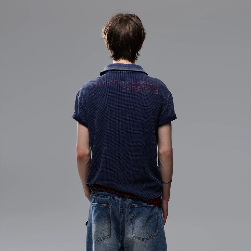 Light Asian street punk vintage waffle style shoulder T-shirt short sleeved men's summer boxy version short polo shirt