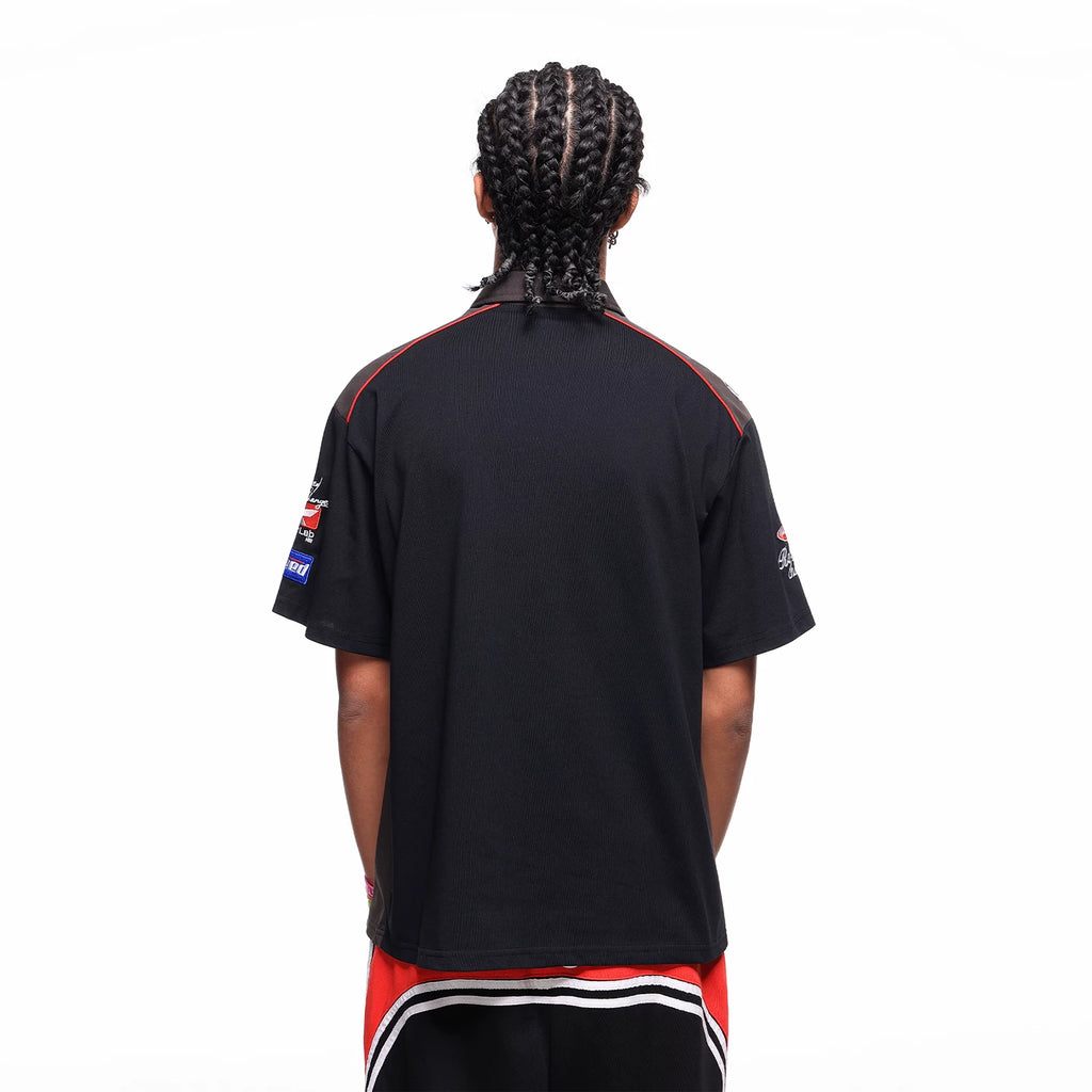 American high-end racing suit with half zipper collar T-shirt, men's summer loose design, embroidered polo shirt, short sleeved
