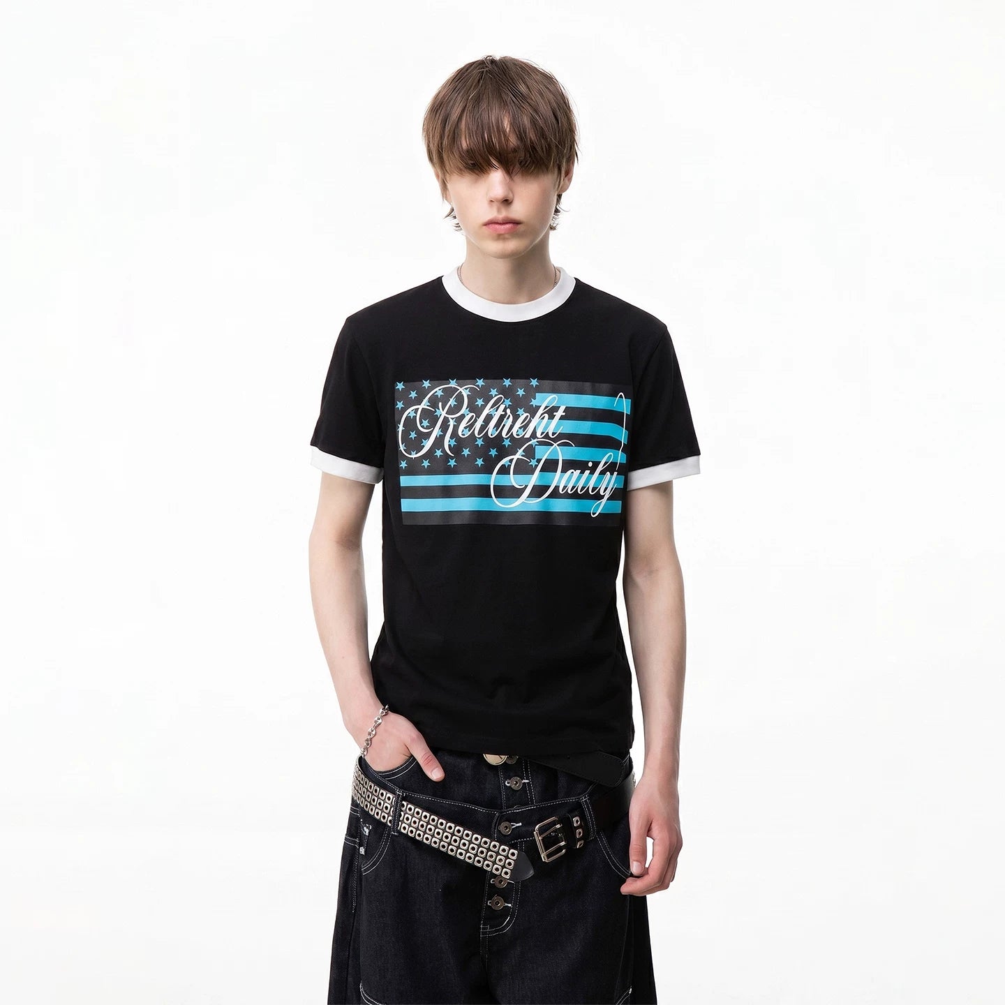 TREND ST American Retro Star Flag Printed Short Sleeve T-shirt Men's and Women's Contrast Round Neck Boxy Short Width Top