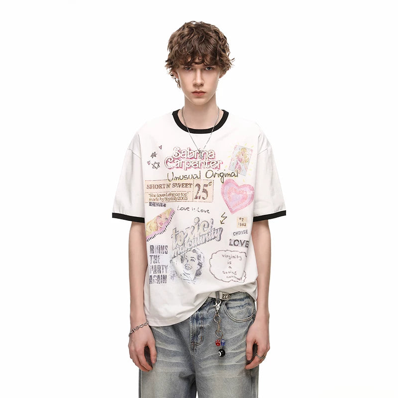 TREND ST American retro fun printed T-shirt short sleeved for men and women in summer, loose and lazy, versatile for couples, half sleeved