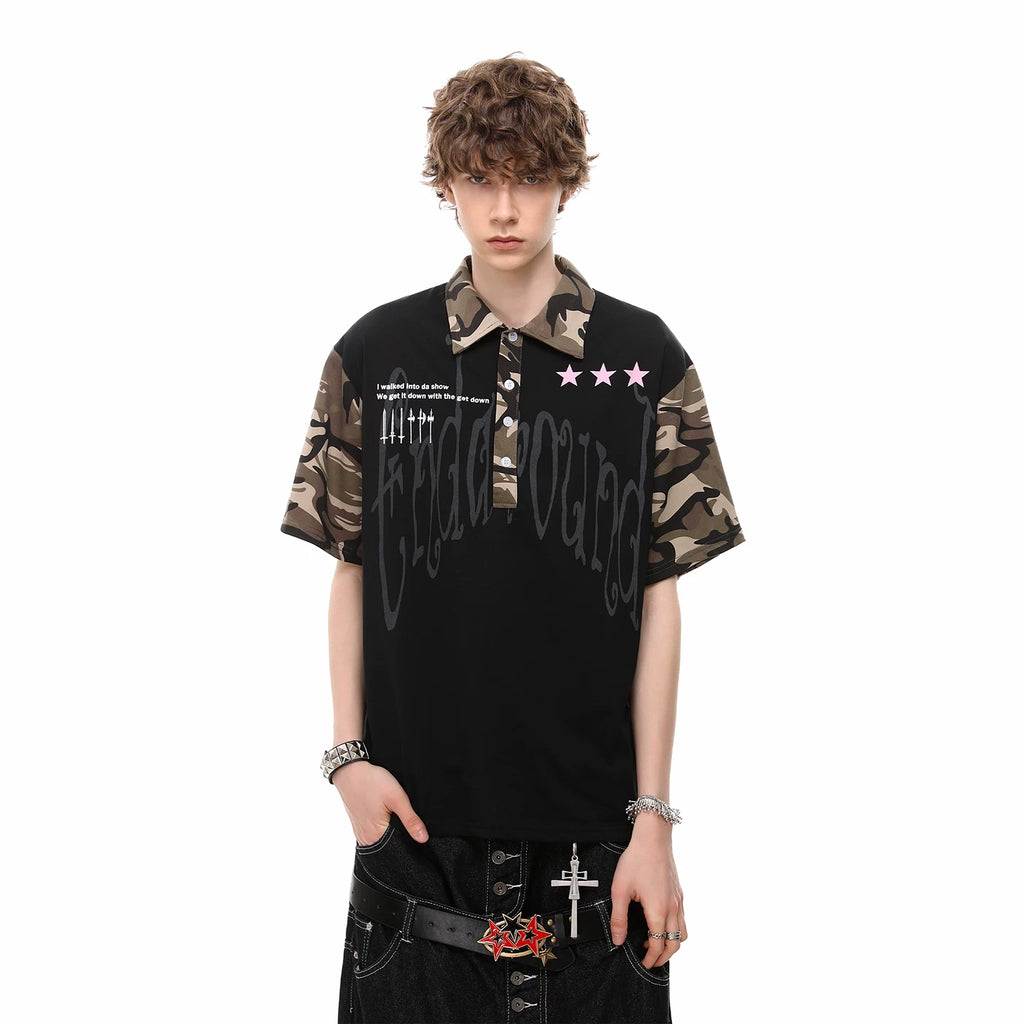 Vintage American fashion brand camouflage spliced polo shirt short sleeved men's summer trend loose casual couple T-shirt