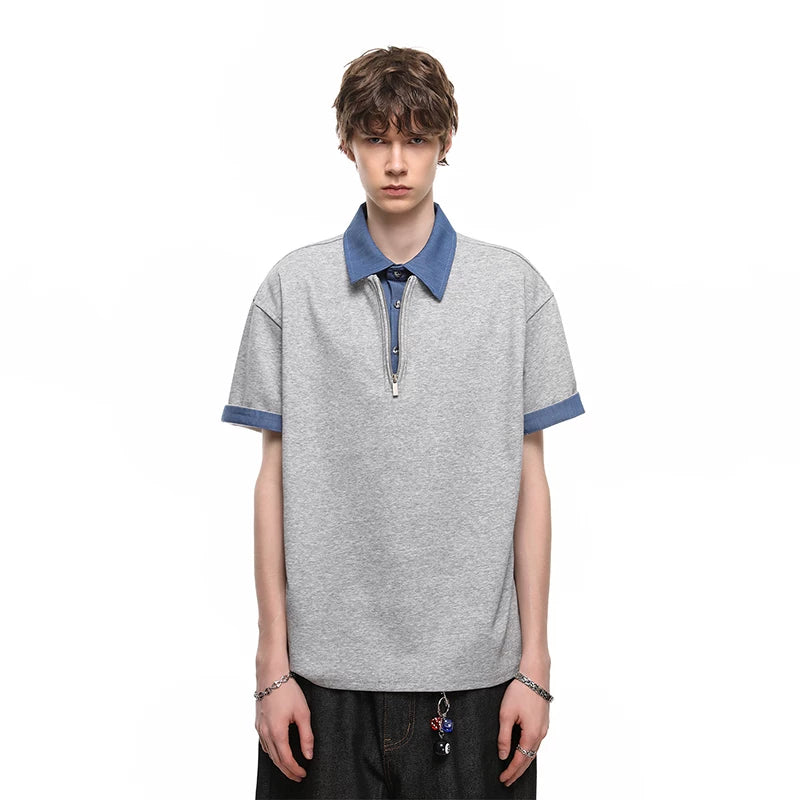 Fake two contrasting color lapel miu department college style short sleeved T-shirt for men and couples, Korean version trendy shirt collar T-shirt