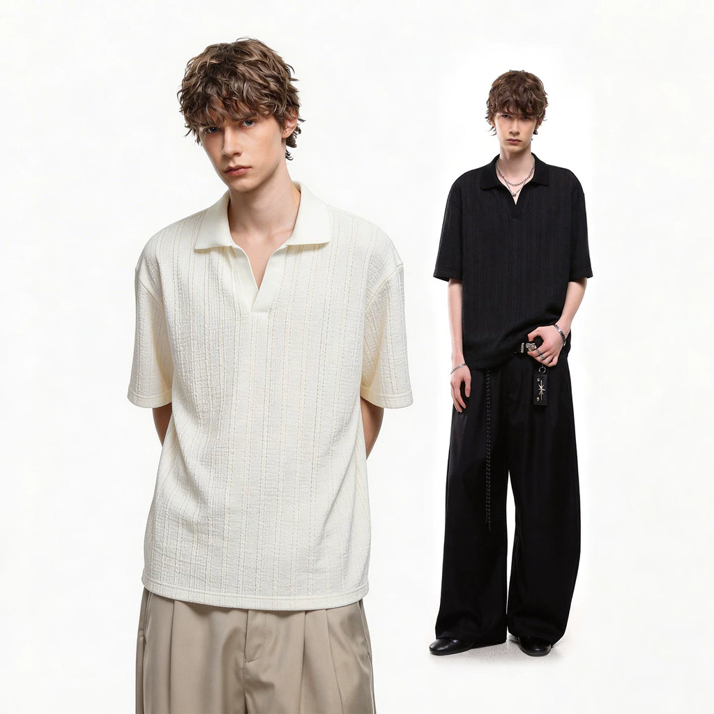 TREND ST Summer Texture Short Sleeve Polo Shirt for Men and Women Retro Loose Couple Casual Collar T-shirt Top