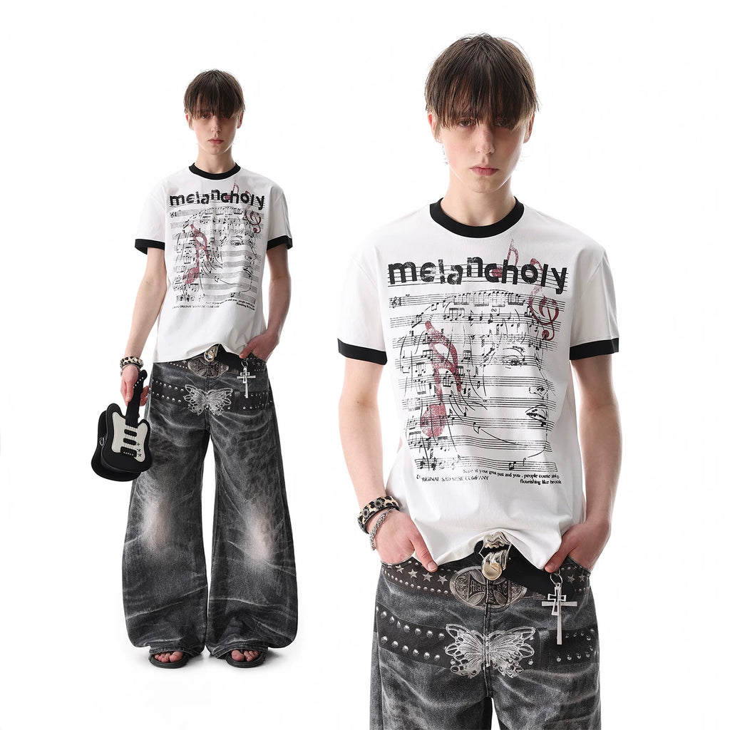TREDN ST Original Street Note Score Printed Solona T-shirt Men's Summer Boxy Short Shoulder Short Sleeve